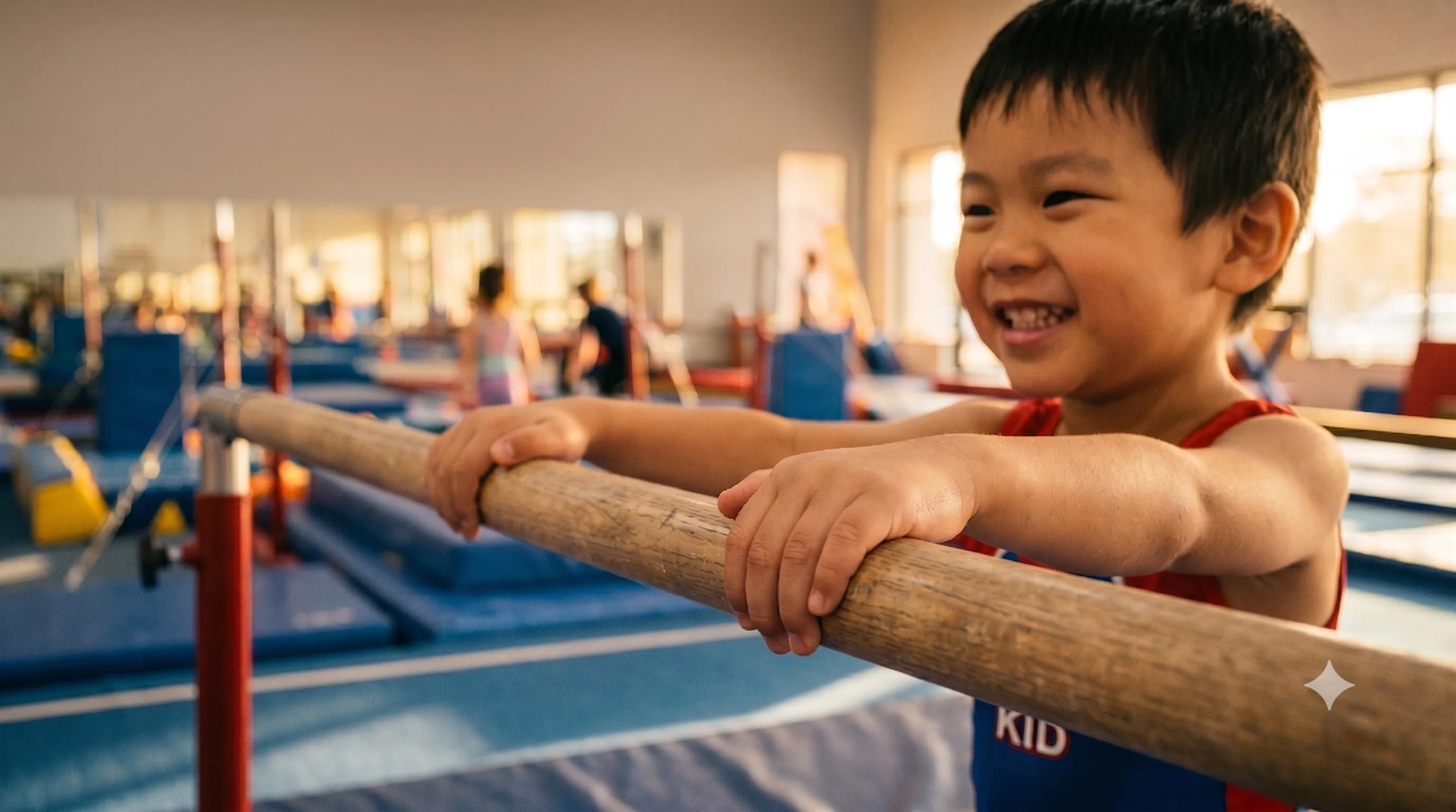 Coach encouraging child gymnast